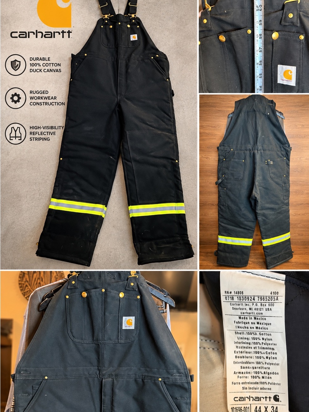 Carhartt Hi-Visability Duck Bib Arctic Wuilt Lined Bib Overalls 44x34 (NWOT)